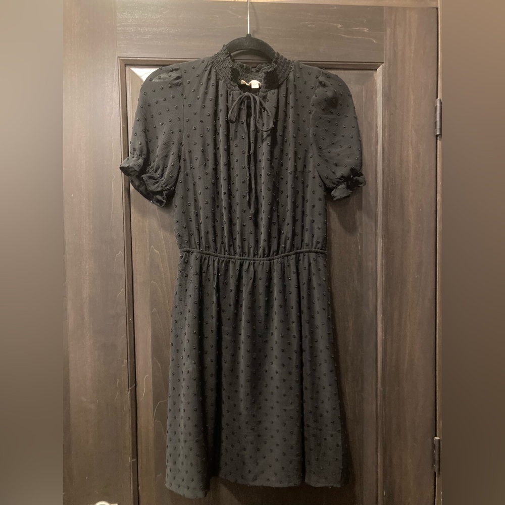 Women's Black Swiss Dot Tie Neck Dress